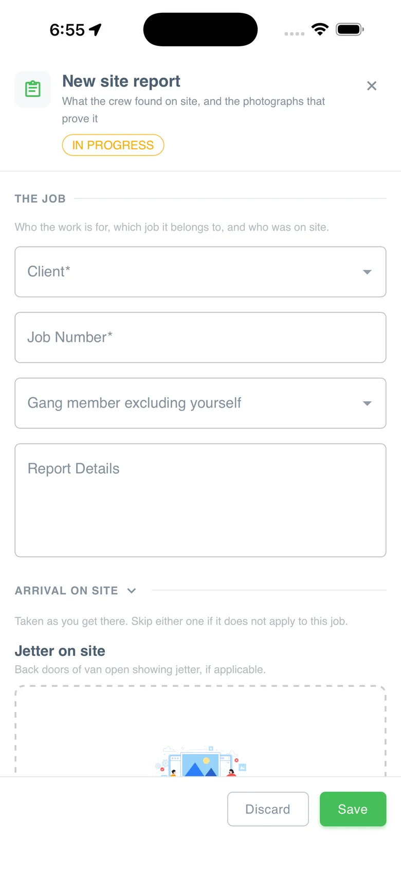 New site report in D&A Manager: client, job number, gang member, report details and arrival photos